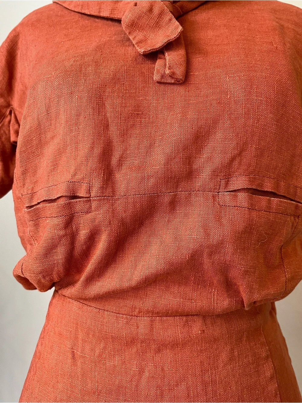 VTg 30s 40s Linen? Dress Secretary Sailor Size XS/S Burnt Orange tie neck - Picture 6 of 14